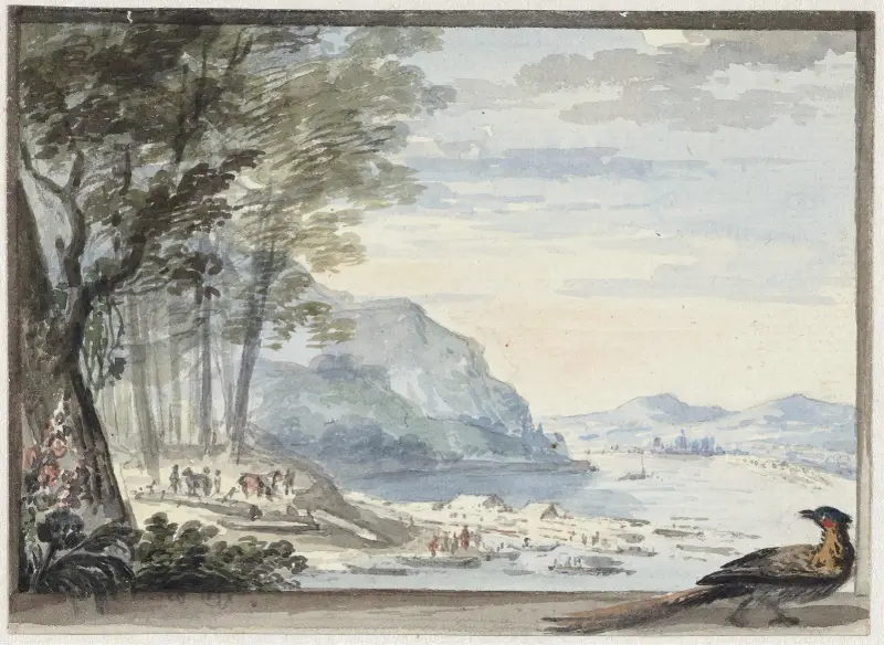 Rivierlandschap met op de voorgrond een hoen (Flodlandskap med en höna i förgrunden) av Aert Schouman