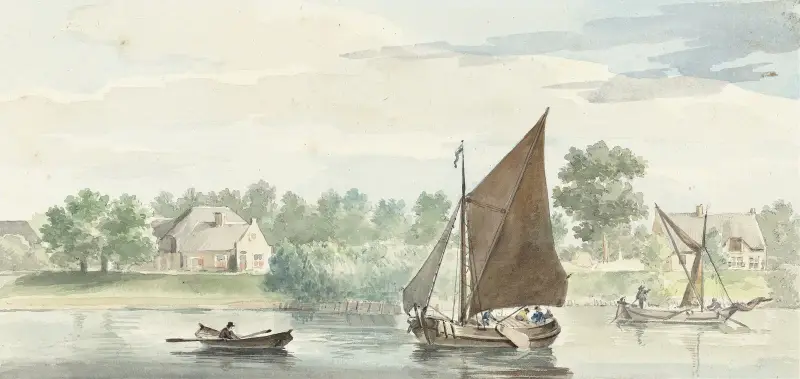 Segelndes Schiff auf der Beneden Merwede am Papendrechter Deich von Aert Schouman