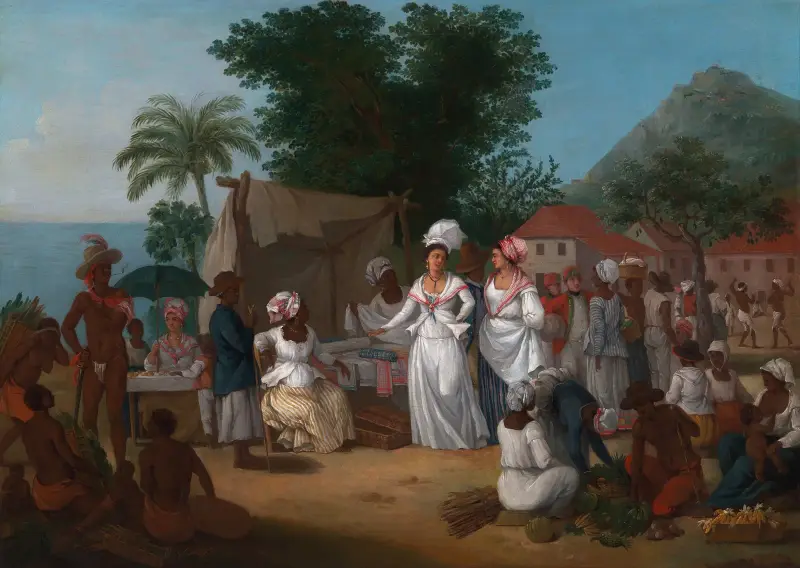 A Linen Market With A Linen-Stall And Vegetable Seller In The West Indies av Agostino Brunias