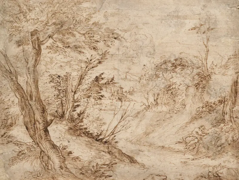 A wooded landscape with a figure resting beside a road and a river in the background av Agostino Carracci