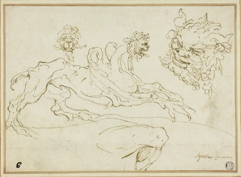 Four Sketches; Griffin, Grotesque Head, Head of Satyr, Bent Leg av Agostino Carracci