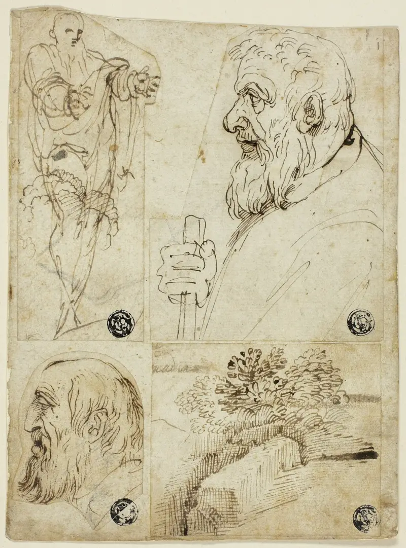 Four Sketches; Standing Male Figure; Profile Bust of Bearded Man; Profile Head of Bearded Man; Landscape av Agostino Carracci