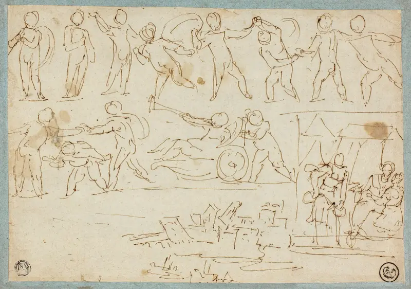 Fris med putti, skiss av Lot och hans döttrar, skiss av byggnader av Agostino Carracci