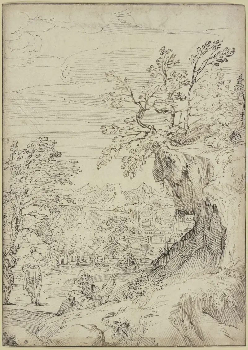 Landschaft mit einem Heiligen und zwei weiteren Figuren av Agostino Carracci
