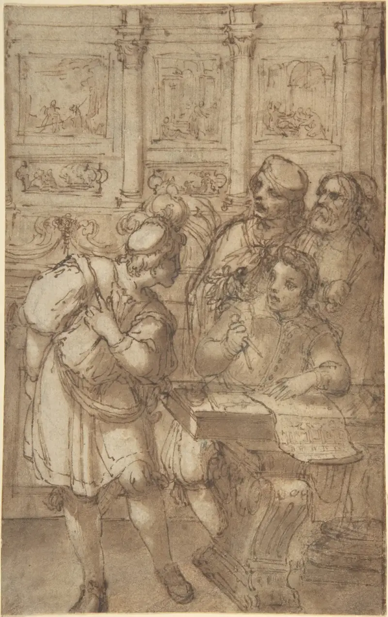 Architect in His Study Holding a Compass and Conversing with Three Men av Agostino Tassi