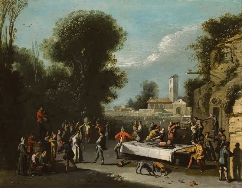 Bauern bei Fest und Gelage in einer Landschaft mit Ruinen, dahinter eine Kirche von Agostino Tassi