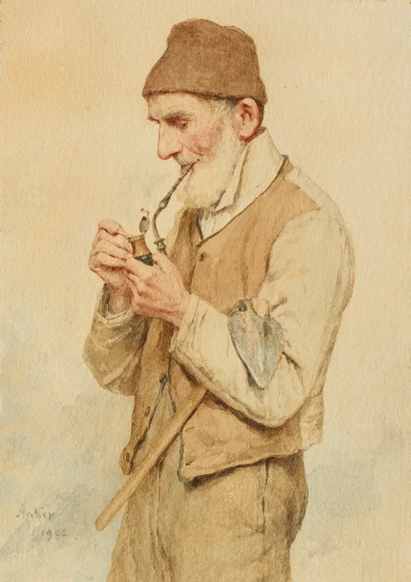 Bauer eine Pfeife anzündend von Albert Anker