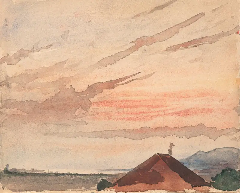 Vy över ett hustak mot nordöstra änden av Neuchâtelsjön i skymningen av Albert Anker