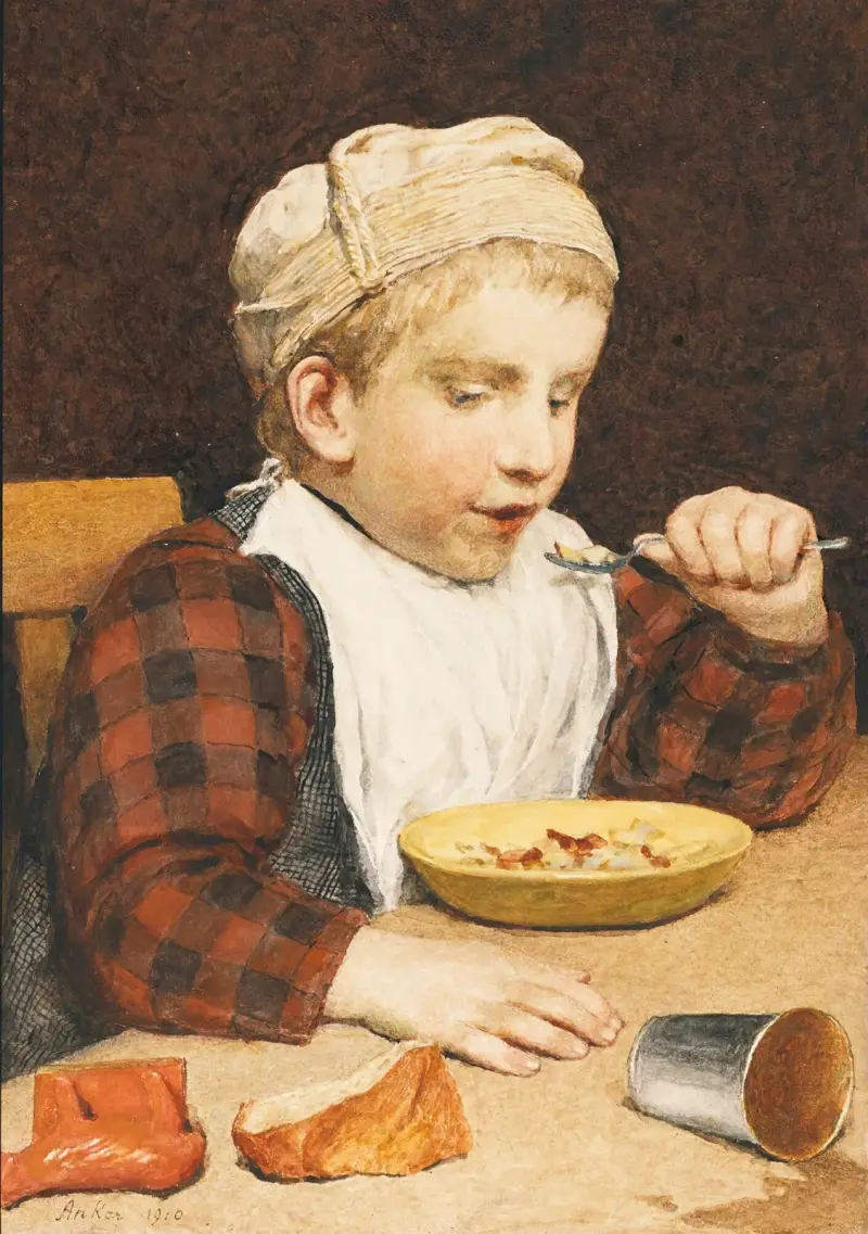 Pojke med mössa vid maten av Albert Anker