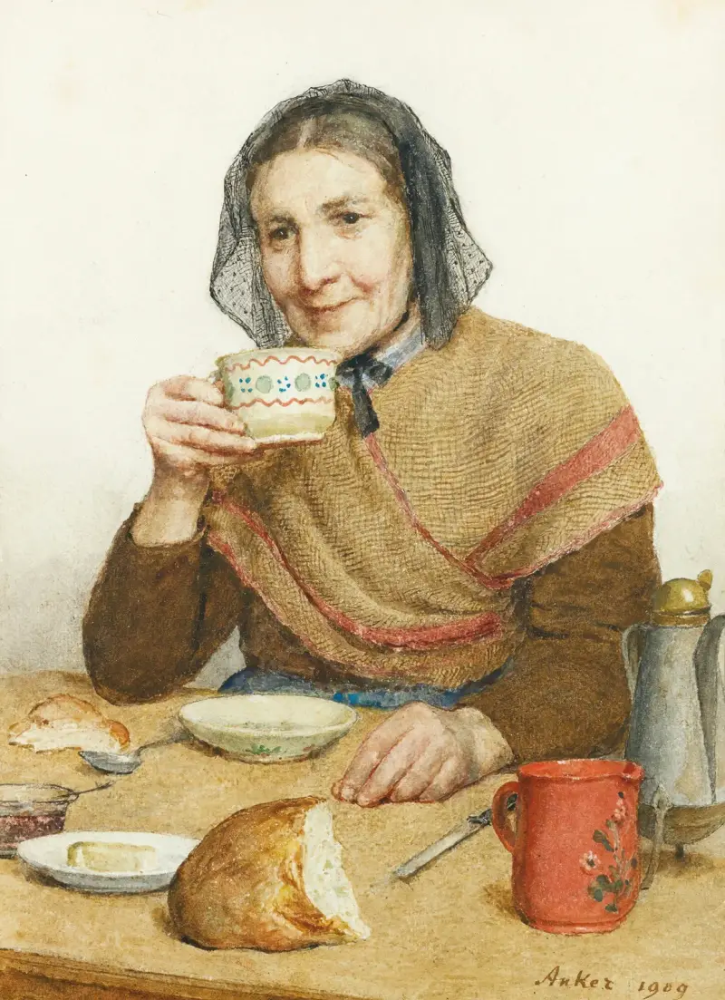 Sitting Peasant Woman Holding A Cup In Her Hand av Albert Anker