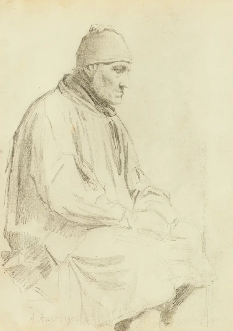 Sitzender Mann mit Mütze von Albert Anker