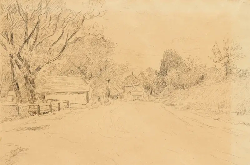 Skiss av en bygata av Albert Anker