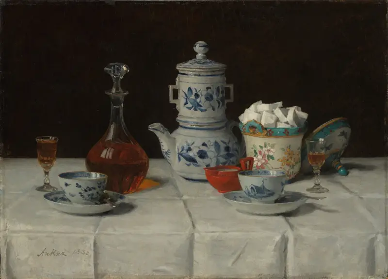Still life with coffee setting and cognac bottle av Albert Anker