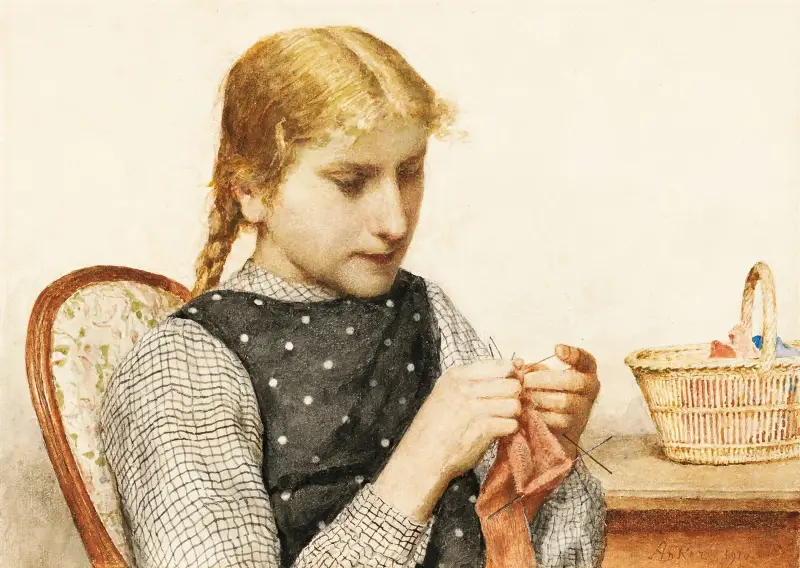 Strickendes Mädchen von Albert Anker