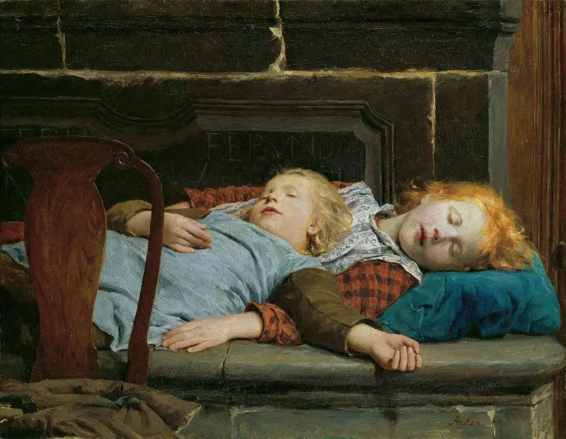 Two sleeping girls on the stove bench av Albert Anker