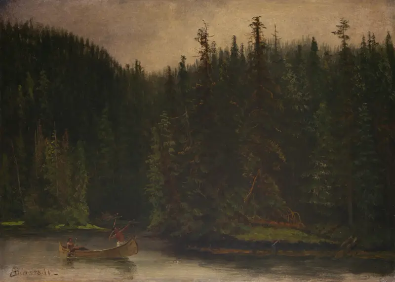 Indianiska jägare i kanot av Albert Bierstadt
