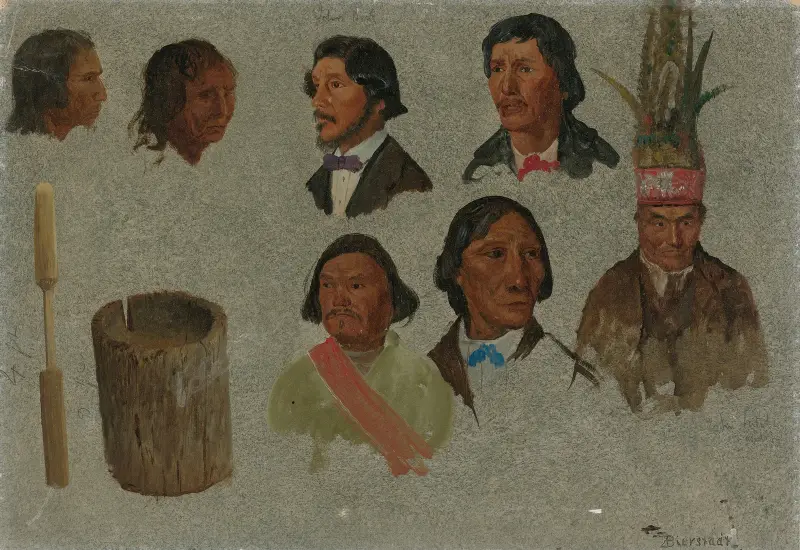 Sju indianska porträtt och ett primitivt redskap av Albert Bierstadt