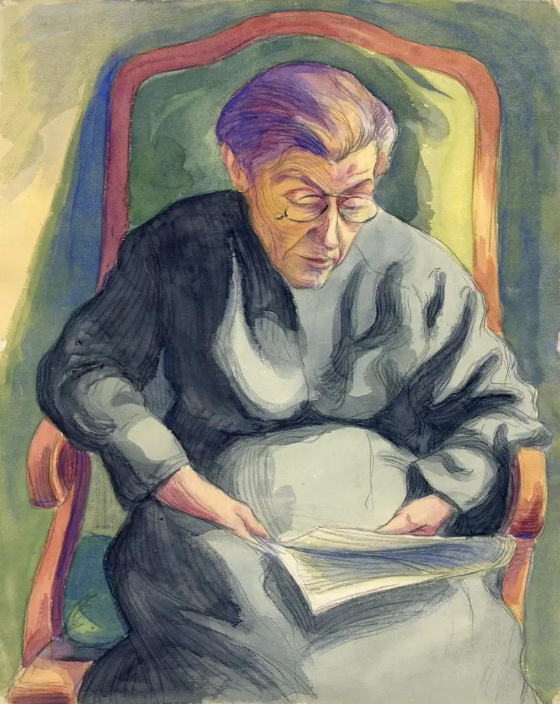 Oudere dame, lezend in haar stoel av Albert Daenens