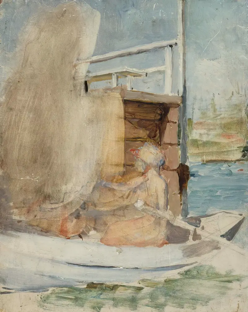 A Woman In A Boat At The Pier av Albert Edelfelt