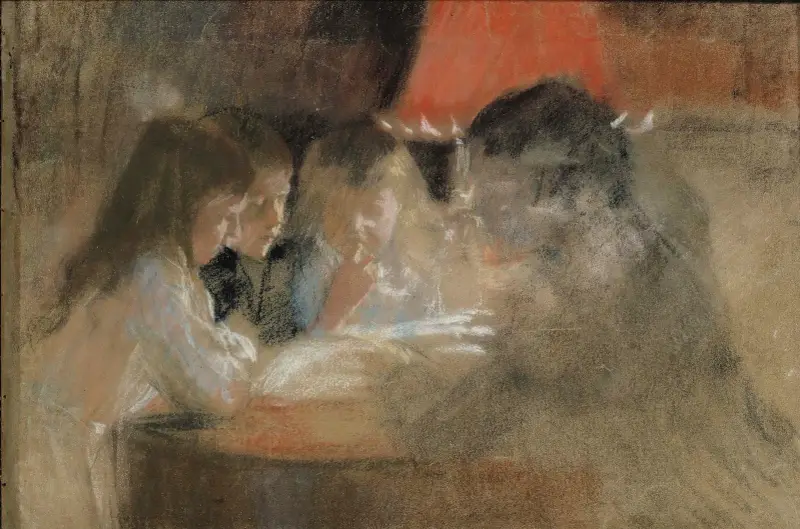 Die Kinder der Familie Brandt (bei der Lampe) von Albert Edelfelt