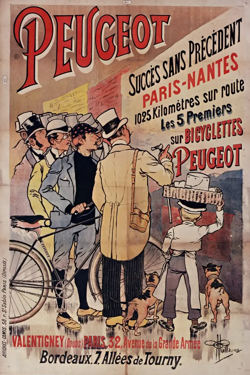 Peugeot succès sans précédent Paris Nantes 1025 kilomètres sur route, les 5 premiers sur bicyclette Peugeot av Albert Guillaume