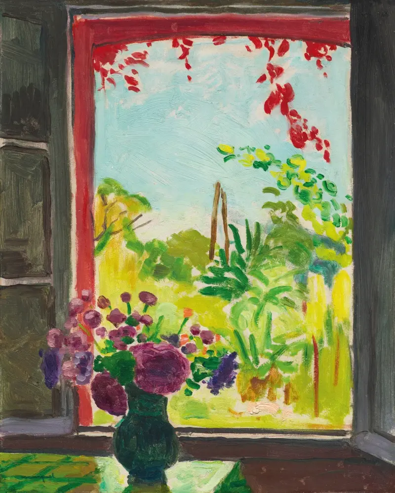 Bukett på ett bord framför fönstret i Méricourt av Albert Marquet