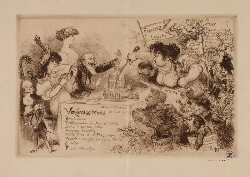 Déjeuner Mariani, le 30 avril 1907. Vernissage Menu av Albert Robida