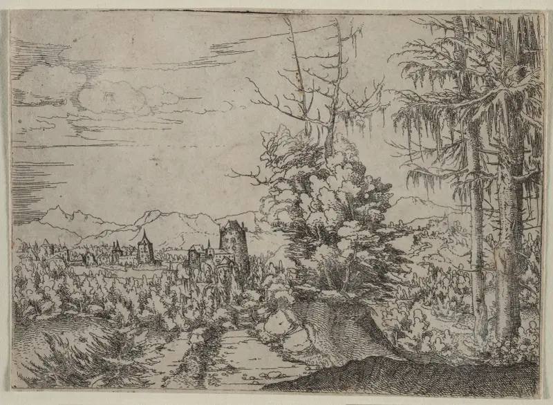 Landschaft mit zwei Kiefern von Albrecht Altdorfer