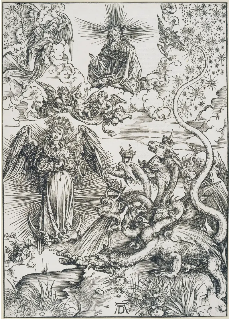 Das Sonnenweib und der siebenköpfige Drache, aus der Folge der Apokalypse, Latein-Ausgabe 1511 av Albrecht Dürer