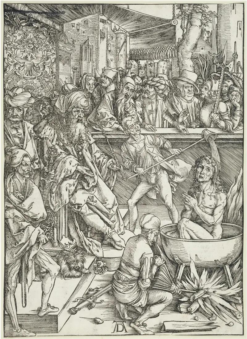 Die Marter des Evangelisten Johannes, aus der Folge der Apokalypse, Urausgabe Deutsch 1498 av Albrecht Dürer