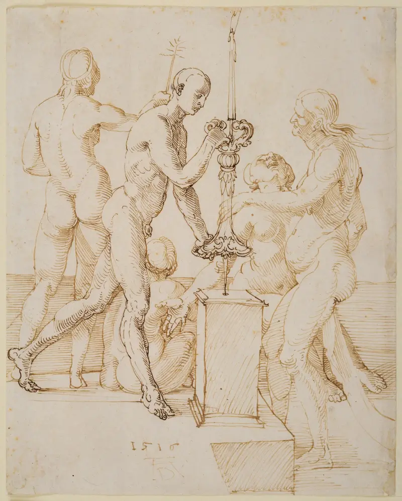 Fünf nackte Figuren um einen brennenden Leuchter av Albrecht Dürer