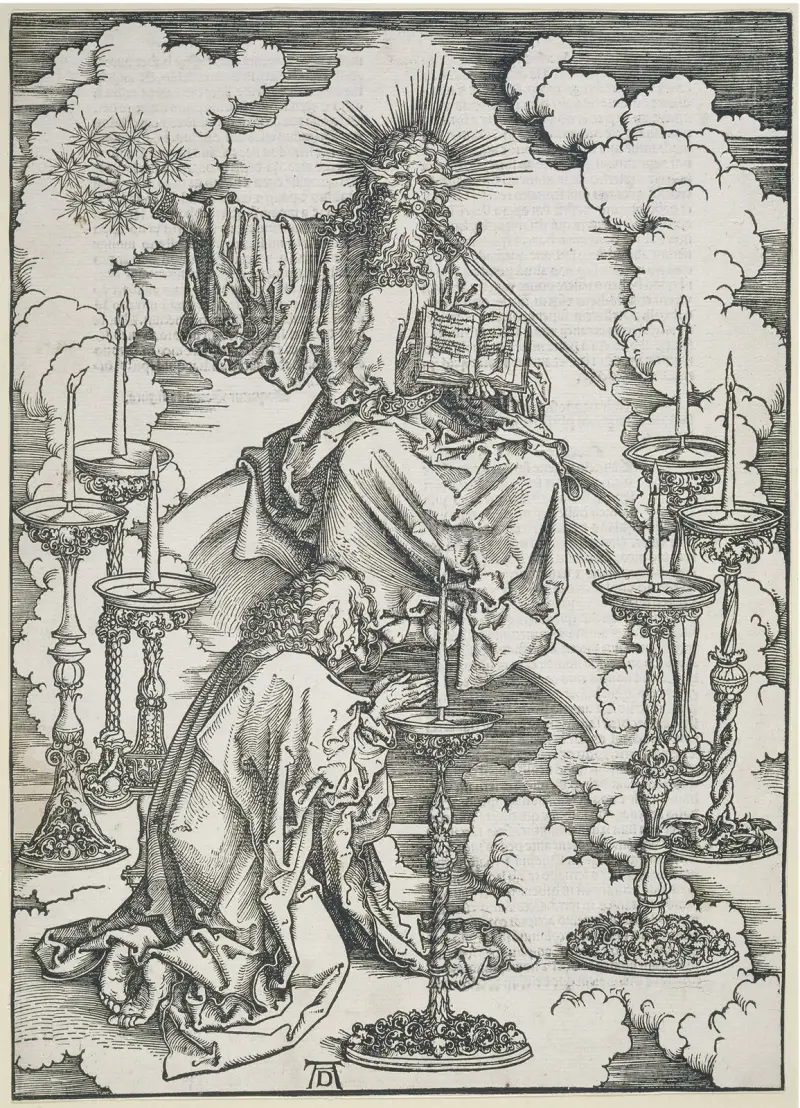 Johannes erblickt die sieben Leuchter, aus der Folge der Apokalypse, Latein-Ausgabe 1511 av Albrecht Dürer