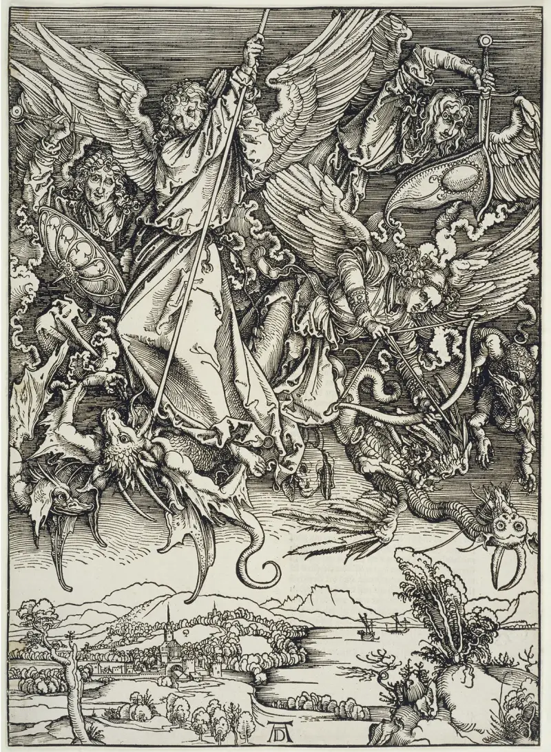 Michaels Kampf mit dem Drachen, aus der Folge der Apokalypse, Urausgabe Deutsch 1498 av Albrecht Dürer