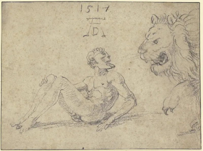 Sitzender nackter Mann mit einem Löwen von Albrecht Dürer