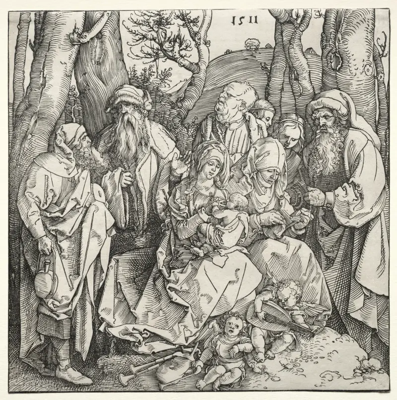 Den heliga familjen med två musicerande änglar av Albrecht Dürer