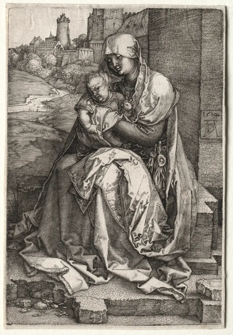 Jungfrun och barnet sittande vid muren av Albrecht Dürer