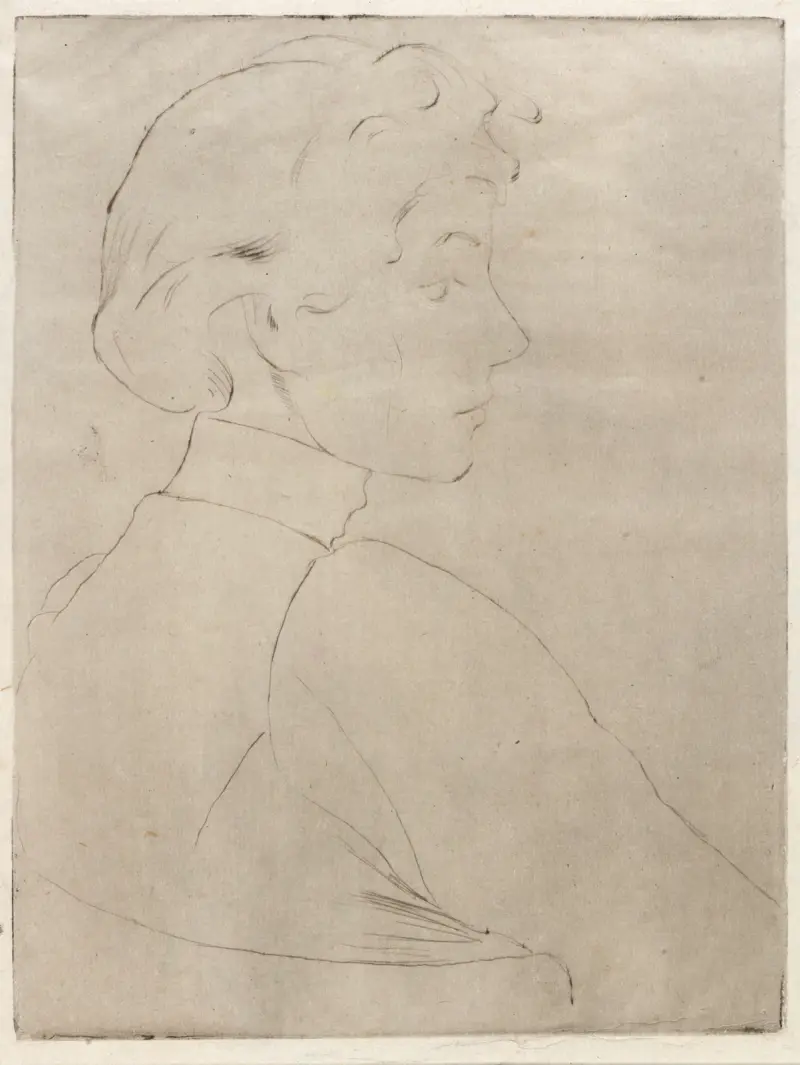 Stort huvud i profil av Julian Alden Weir