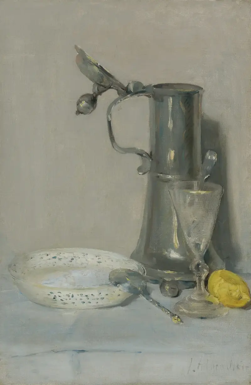 Stilleben med dryckeskanna, glas och skål av Julian Alden Weir