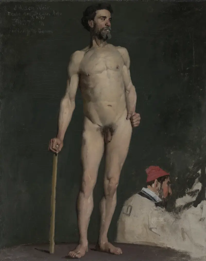 Studie av manlig nakenmodell lutad mot en stav av Julian Alden Weir