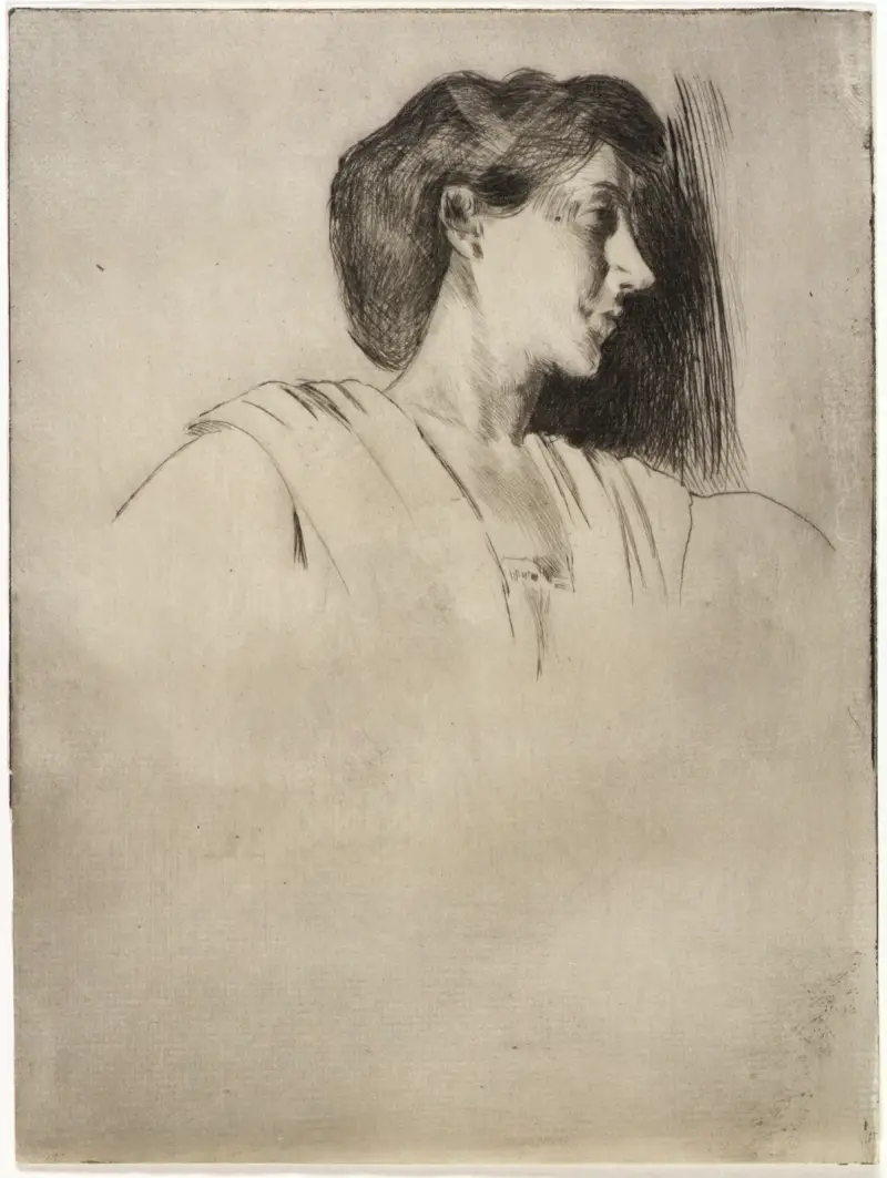 Studie av en kvinnas huvud i profil av Julian Alden Weir