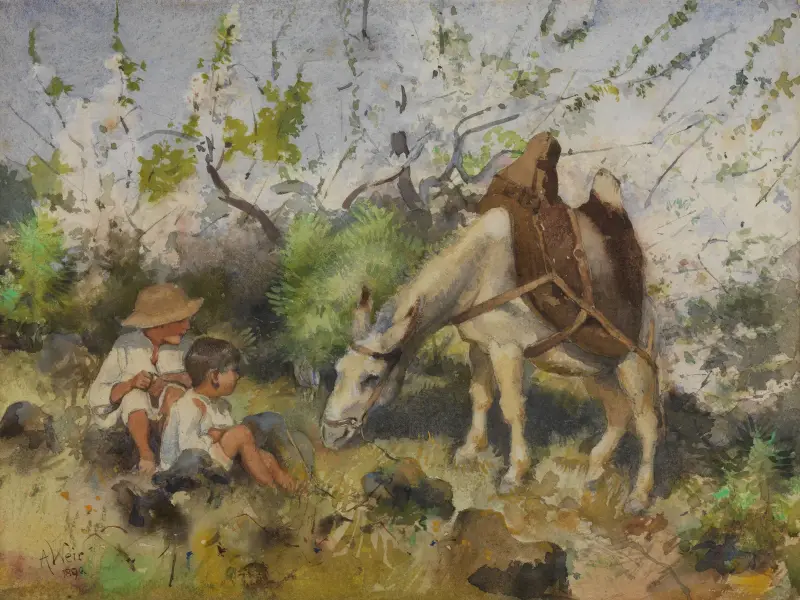 Sommarlandskap med barn och åsna av Julian Alden Weir
