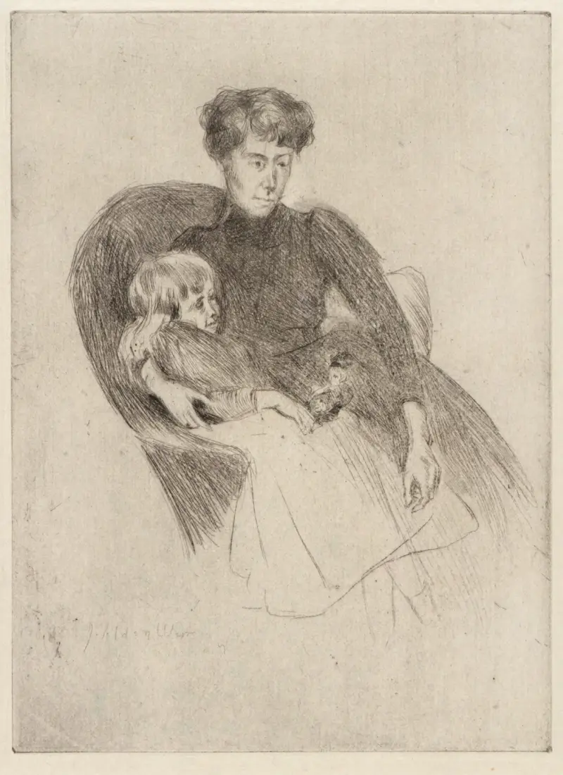 Kvinna och barn, sittande (Mor och barn med leksak) av Julian Alden Weir