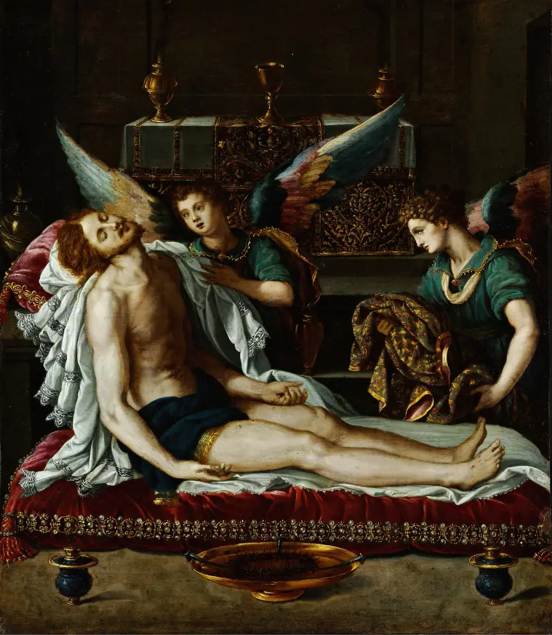 The Body Of Christ Anointed By Two Angels av Alessandro Allori
