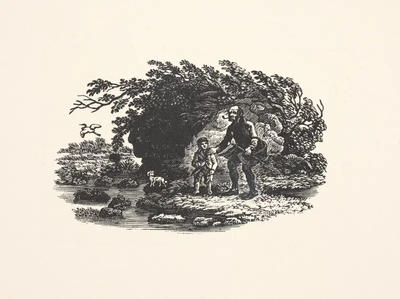 Man, child, and dog near water av Alexander Anderson