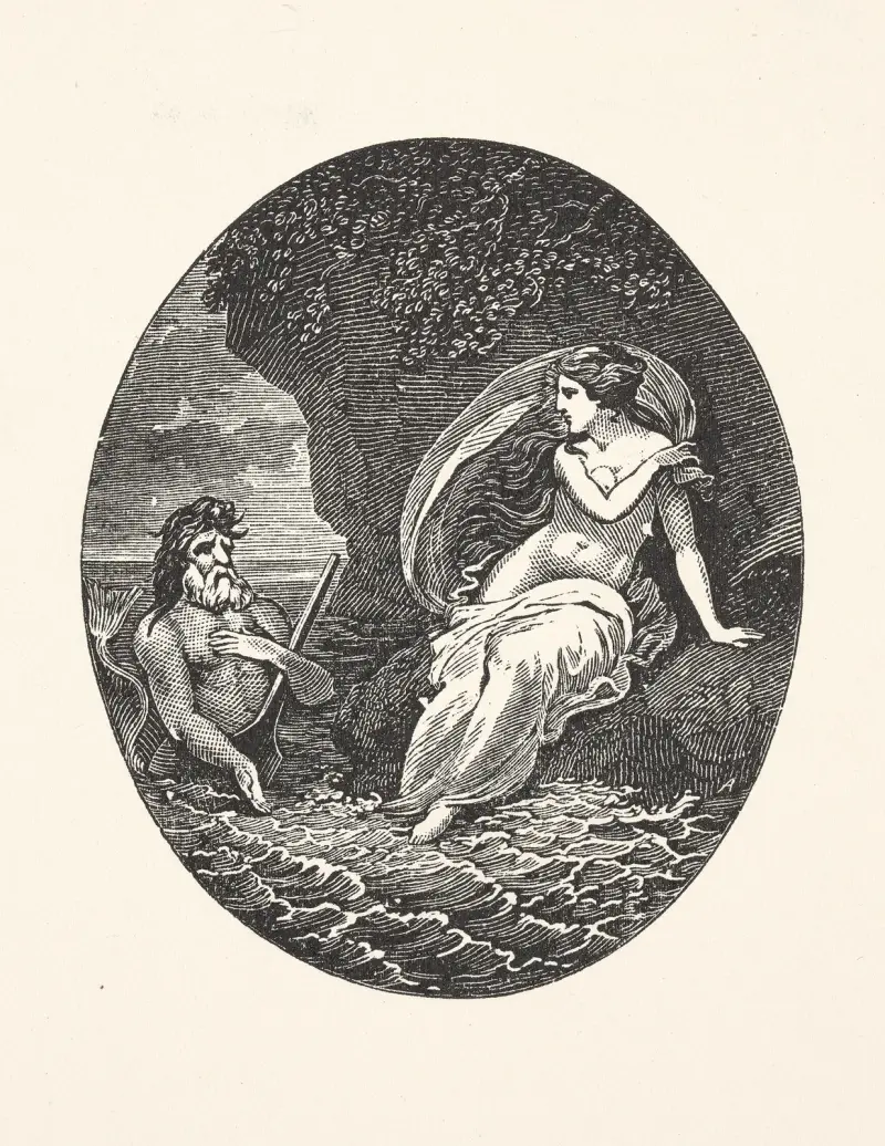 Merman near woman seated on a rock av Alexander Anderson