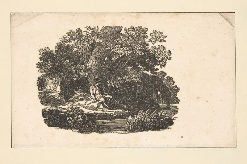The seasons [Spring; Man fishing in stream, horizontal view]. av Alexander Anderson