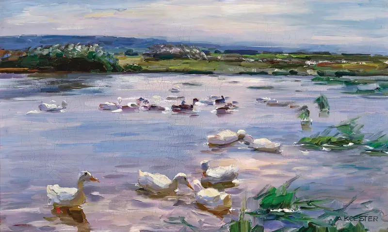 Kaczki nad brzegiem jeziora, Alexander Koester