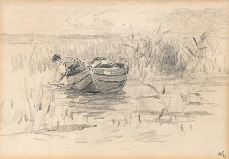 Frau im Kahn am Schilfufer av Alexander Koester