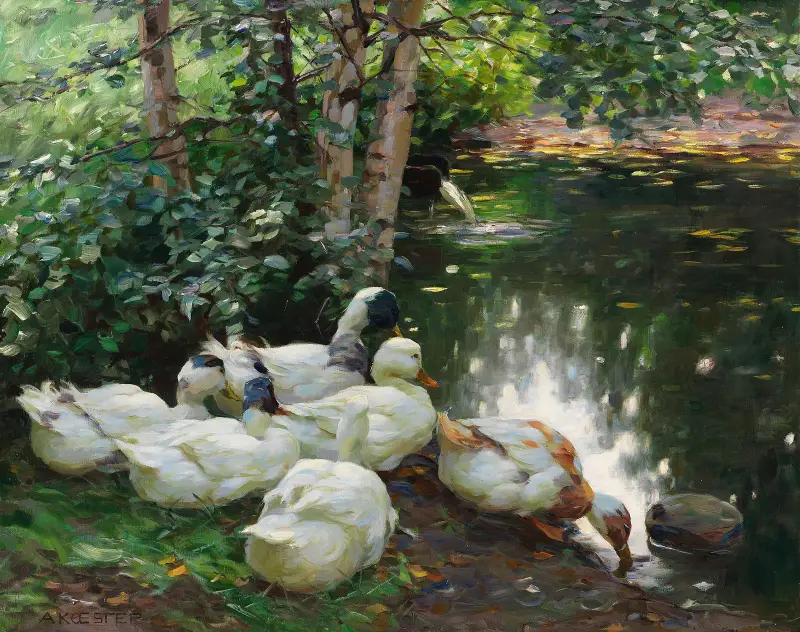 Sechs Enten am Teichufer av Alexander Koester