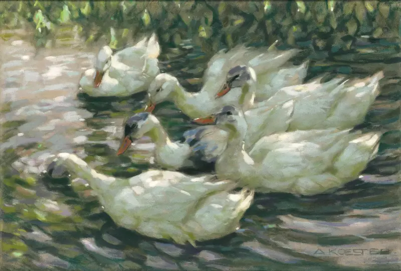 Sechs Enten unter einem Weidenbaum von Alexander Koester